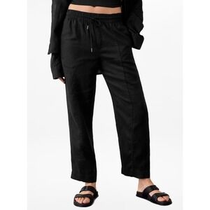 Athleta Retreat High Rise 100% Linen Ankle Pants Black Drawstring Tapered Large